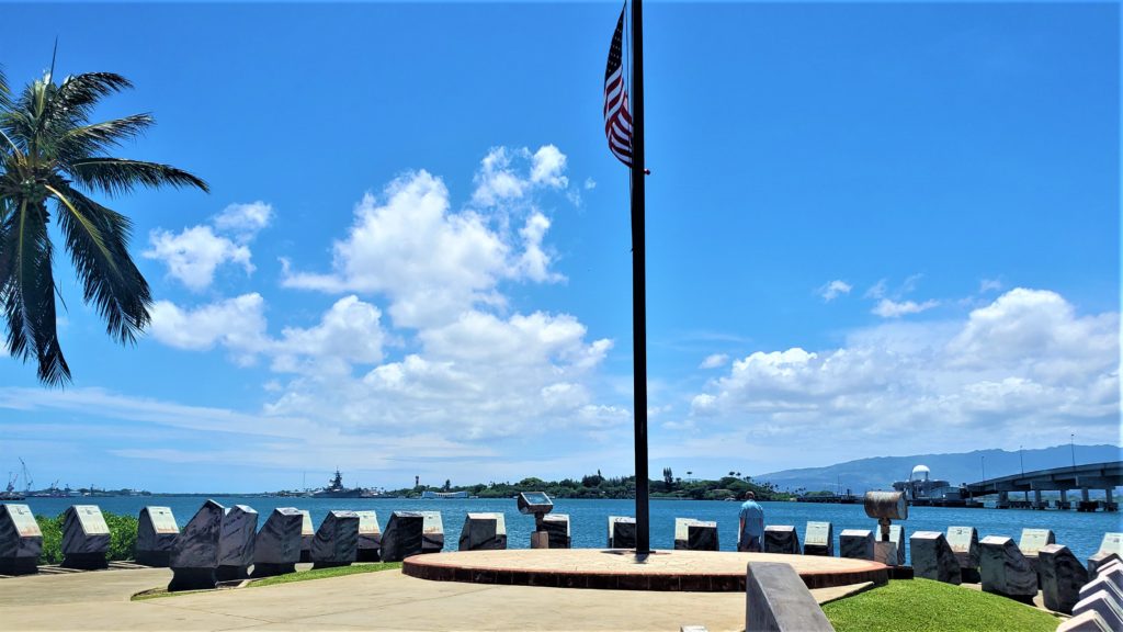American flag over Pearl Harbor Oahu