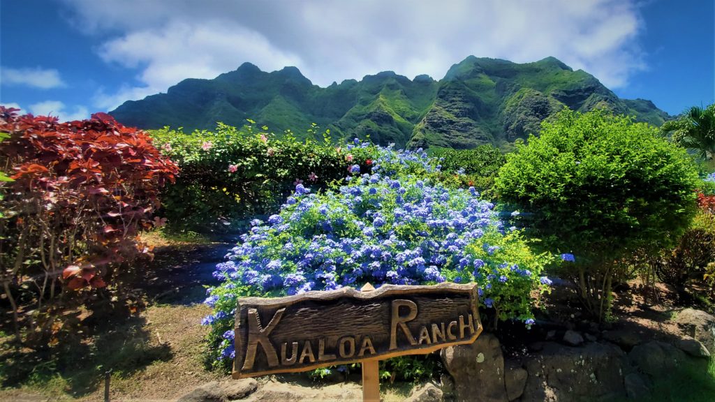 Kualoa Ranch sign with flowers and mountains