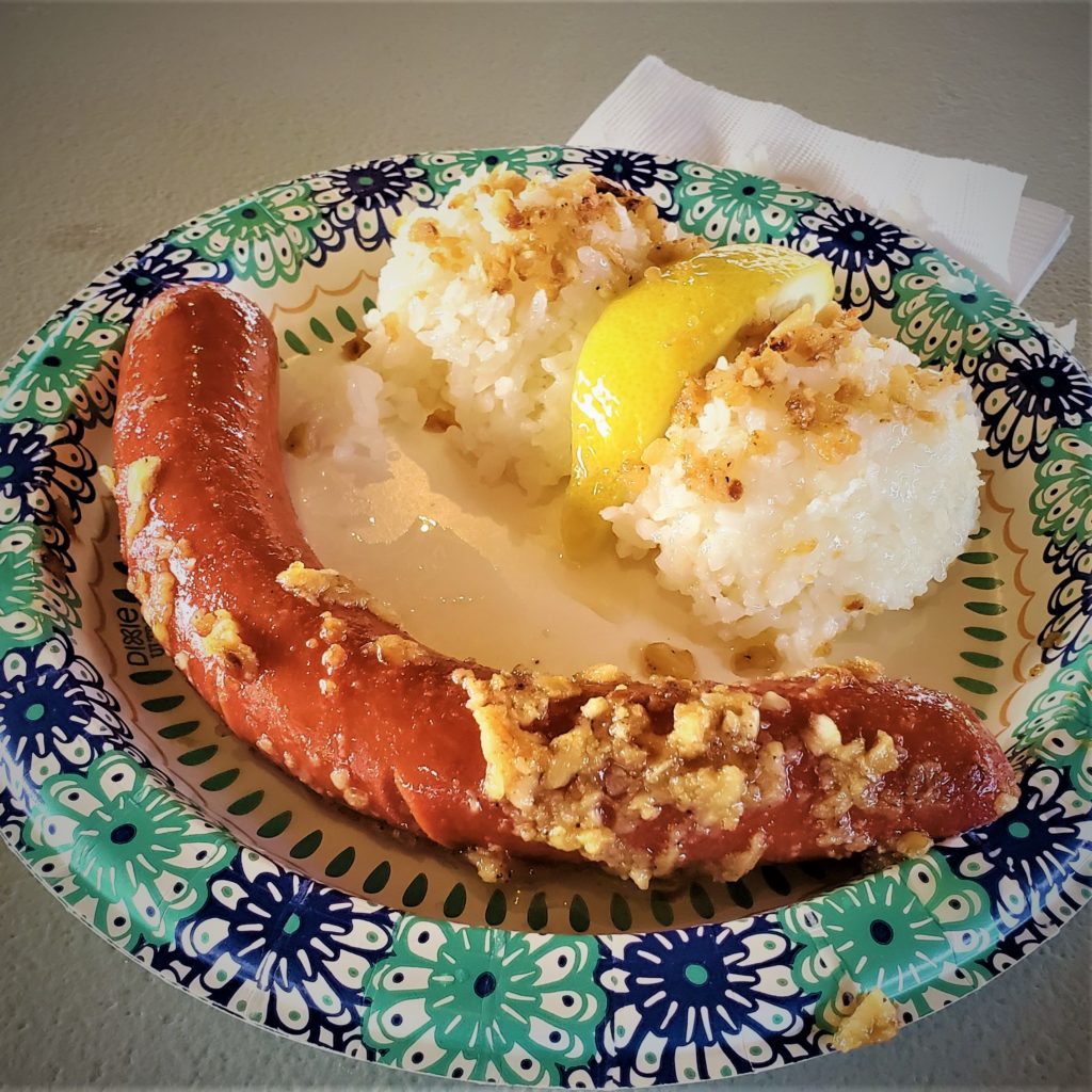 Garlic Hotdog and rice from Giovanni's Aloha Shrimp Truck