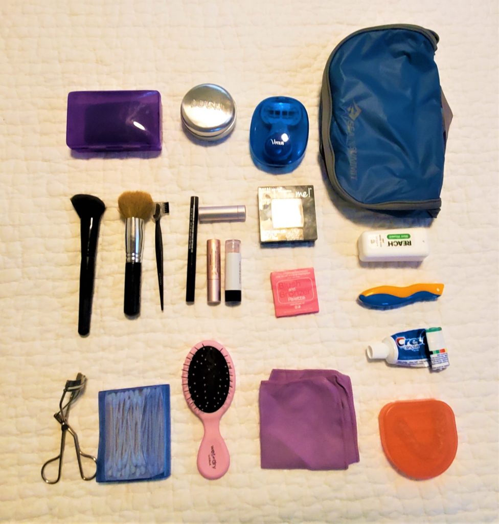 cosmetics bag and contents for minimal packing