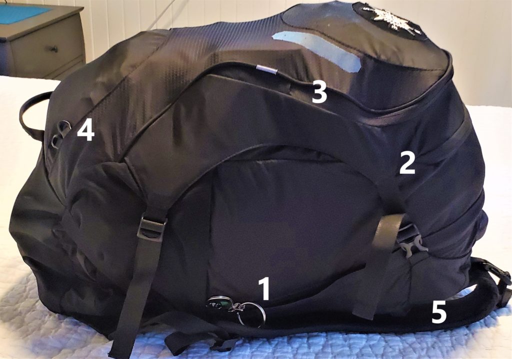 Full Osprey Ozone 46L backpack with labelled compartments
