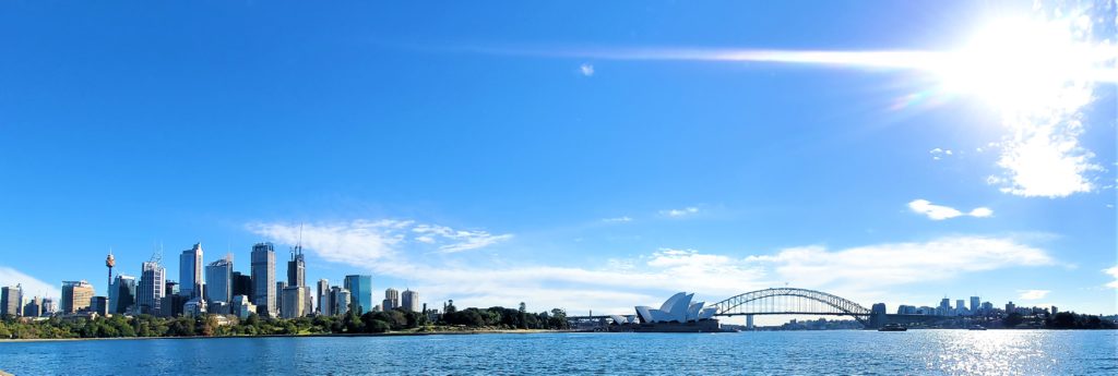 Sydney skyline, Sydney Opera House, and Sydney Harbor Bridge from Royal Botanic Gardens 