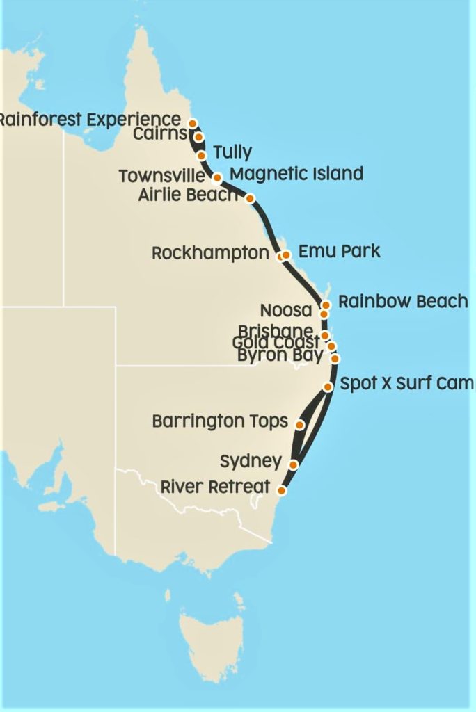 East Coast Australia itinerary map with STRAY